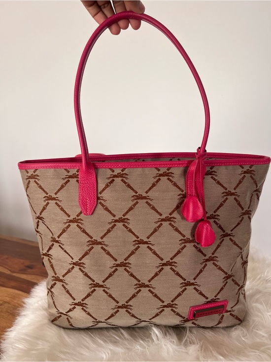 Longchamp Handbags - Longchamp Hot Pink Logo Tote with Brown Monogram Interior